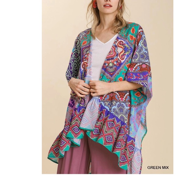 Umgee Tops - Umgee Mixed Print Open Front Kimono with Back V-Neck Tie and Ruffle Hem
